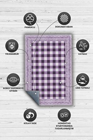 Homshtag Ekose Desenli Mor Renkli Halı Vintage Bordürlü Halı Hasır Görünümlü Damalı Halı