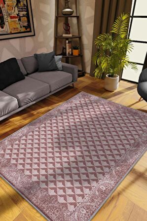 Homshtag Etnik Desenli Pembe Renkli Halı Vintage Bordürlü Halı Geometrik Desenli Dijital Baskı Halı