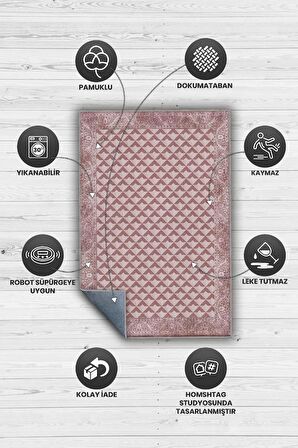 Homshtag Etnik Desenli Pembe Renkli Halı Vintage Bordürlü Halı Geometrik Desenli Dijital Baskı Halı