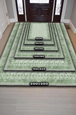 Homshtag Etnik Desenli Yeşil Renkli Halı Vintage Bordürlü Halı Geometrik Desenli Dijital Baskı Halı