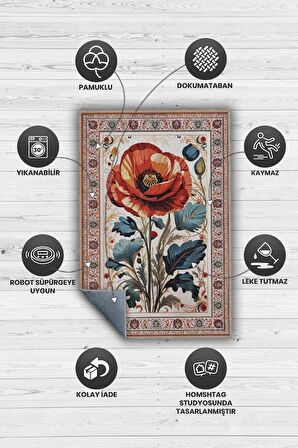 Homshtag Art Deco Gelincik Vintage Halı Görünümlü Dijital Baskı Renkli Halı Rustik Çiçekli Halı
