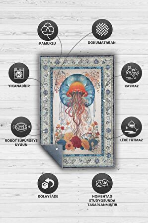 Homshtag Nuh'un Gemisi Koleksiyonu Deniz Anası Çiçek Desenli Temalı Vintage Renkli Maksimalist Halı