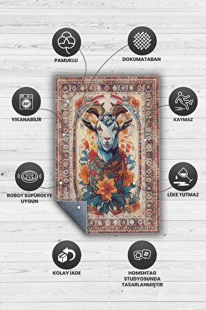 Homshtag Nuh'un Gemisi Koleksiyonu Keçi Çiçek Desenli Temalı Vintage Renkli Maksimalist Halı