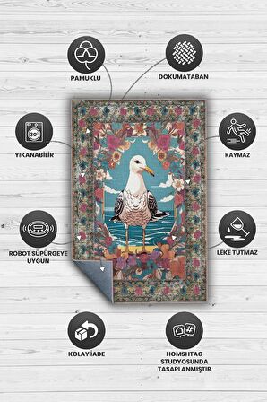 Homshtag Nuh'un Gemisi Koleksiyonu Martı Çiçek Desenli Temalı Vintage Renkli Maksimalist Halı