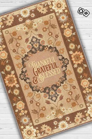 Homshtag Şükran ve Minnet Etnik Temalı Dijital Baskılı Halı Çiçek Desenli Çok Renkli Salon Halısı