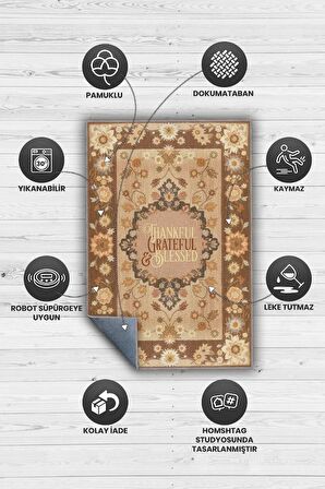 Homshtag Şükran ve Minnet Etnik Temalı Dijital Baskılı Halı Çiçek Desenli Çok Renkli Salon Halısı