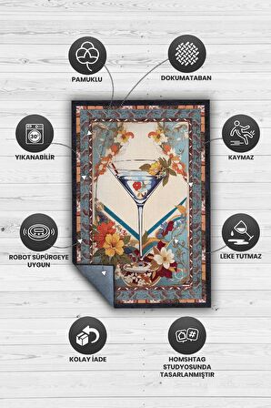 Homshtag Martini Temalı Geleneksel Desenli Orijinal Tasarımlı Party Ve Mutfak Halı Renkli Baskı Halı