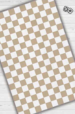 Homshtag Bej Beyaz Damalı Halı Mutfak Halısı Kareli Oturma Odası Halısı Retro Tarzı Salon Halısı