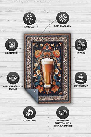 Homshtag Bira Temalı Geleneksel Desenli Orijinal Tasarımlı Party Ve Mutfak Halı Renkli Baskı Halı
