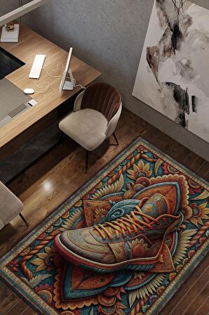 Homshtag Ayakkabı Desenli Halı Çok Renkli Halı Spor Severe Hediye Halı Spor Sever İçin Çiçekli Halı