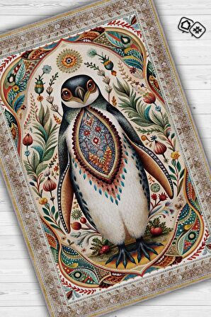 Homshtag Nuh'un Gemisi Koleksiyonu Penguen Çiçek Temalı Vintage Renkli Maksimalist Halı
