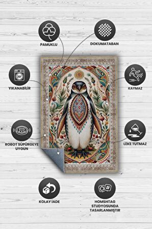 Homshtag Nuh'un Gemisi Koleksiyonu Penguen Çiçek Temalı Vintage Renkli Maksimalist Halı