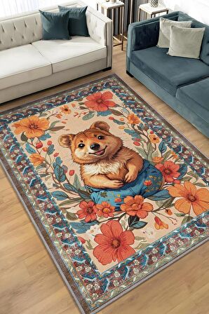 Homshtag Nuh'un Gemisi Koleksiyonu Quakka Dünyanın En Mutlu Hayvanı Çiçek Vintage Renkli Halı