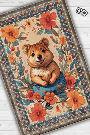 Homshtag Nuh'un Gemisi Koleksiyonu Quakka Dünyanın En Mutlu Hayvanı Çiçek Vintage Renkli Halı