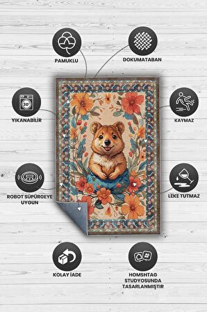 Homshtag Nuh'un Gemisi Koleksiyonu Quakka Dünyanın En Mutlu Hayvanı Çiçek Vintage Renkli Halı