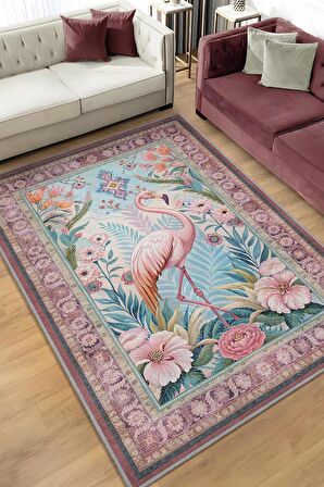 Homshtag Nuh'un Gemisi Koleksiyonu Flamingo Temalı Çiçek Desenli Vintage Pembe Renkli Konsept Halı