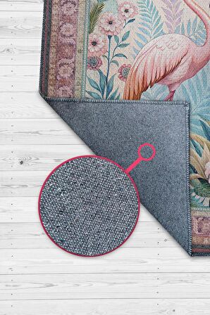 Homshtag Nuh'un Gemisi Koleksiyonu Flamingo Temalı Çiçek Desenli Vintage Pembe Renkli Konsept Halı