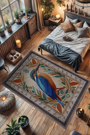 Homshtag Nuh'un Gemisi Koleksiyonu Yalıçapkını Temalı Çiçek Desenli Vintage Çok Renkli Konsept Halı