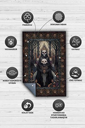 Homshtag Korku Temalı Halı Kurukafa Figürlü Salon Halı Koyu Renk Halı Gotik Korku Sanatı Halısı