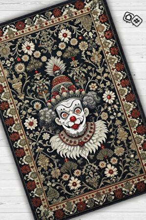 Homshtag Gotik Palyaço Temalı Halı Siyah Çiçekli Oturma Odası Halısı Etnik Hediyelik Palyaço Halısı
