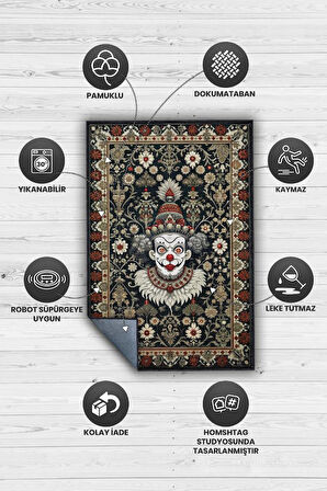 Homshtag Gotik Palyaço Temalı Halı Siyah Çiçekli Oturma Odası Halısı Etnik Hediyelik Palyaço Halısı