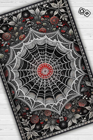Homshtag Örümcek Ağı Temalı Gotik Halı Siyah Renkli Oturma Odası Halısı Hediyelik Örümcek Ağı Halısı
