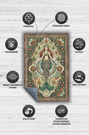 Homshtag Deniz Kızı Temalı Yeşil Renk Anime Halısı Dekoratif Anime Halısı Çiçekli Anime Sever Halısı