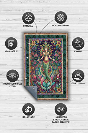 Homshtag Art Deco Deniz Kızı Temalı Renkli Anime Halı Dekoratif Anime Halı Çiçekli Anime Sever Halı