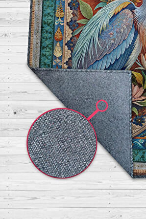 Homshtag Nuh'un Gemisi Koleksiyonu Mavi Balıkçıl Temalı Çiçekli Çok Renkli Bordürlü Konsept Halı