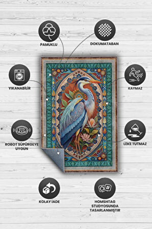 Homshtag Nuh'un Gemisi Koleksiyonu Mavi Balıkçıl Temalı Çiçekli Çok Renkli Bordürlü Konsept Halı