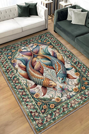 Homshtag Nuh'un Gemisi Koleksiyonu Japon Balığı Temalı Çiçekli Soft Renkli Bordürlü Konsept Halı