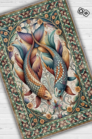 Homshtag Nuh'un Gemisi Koleksiyonu Japon Balığı Temalı Çiçekli Soft Renkli Bordürlü Konsept Halı
