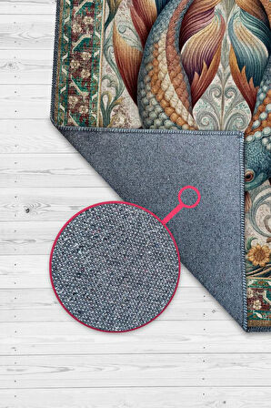 Homshtag Nuh'un Gemisi Koleksiyonu Japon Balığı Temalı Çiçekli Soft Renkli Bordürlü Konsept Halı