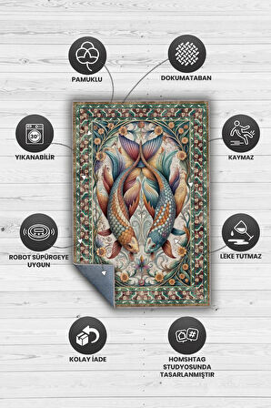 Homshtag Nuh'un Gemisi Koleksiyonu Japon Balığı Temalı Çiçekli Soft Renkli Bordürlü Konsept Halı