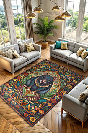 Homshtag Nuh'un Gemisi Koleksiyonu Tazmanya Canavarı Temalı Çiçekli Çok Renkli Bordürlü Konsept Halı