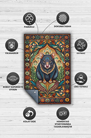 Homshtag Nuh'un Gemisi Koleksiyonu Tazmanya Canavarı Temalı Çiçekli Çok Renkli Bordürlü Konsept Halı