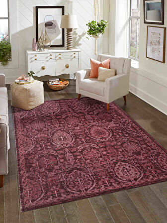 Antik 1116 Klasik Vintage Salon Halısı Bordo Retro Mutfak Halısı Tozumaz İnce Makine Halısı