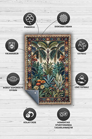 Homshtag Art Deco Tropikal Orman Vintage Halı Görünümlü Dijital Baskı Yeşil Renk Rustik Çiçekli Halı