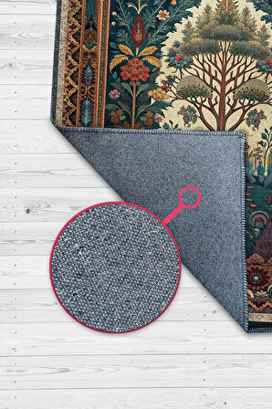 Homshtag Art Deco Etnik Bitki Vintage Halı Görünümlü Dijital Baskı Yeşil Renk Rustik Çiçekli Halı