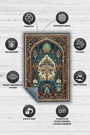 Homshtag Art Deco Etnik Bitki Vintage Halı Görünümlü Dijital Baskı Yeşil Renk Rustik Çiçekli Halı