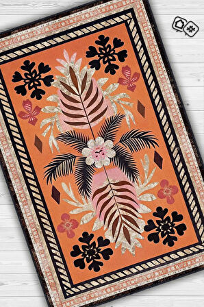 Homshtag Art Deco Bitki Temalı Turuncu Siyah Etnik Desenli Halı Dijital Baskı Rustik Çiçekli Halı