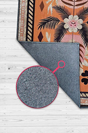 Homshtag Art Deco Bitki Temalı Turuncu Siyah Etnik Desenli Halı Dijital Baskı Rustik Çiçekli Halı