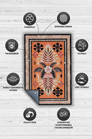 Homshtag Art Deco Bitki Temalı Turuncu Siyah Etnik Desenli Halı Dijital Baskı Rustik Çiçekli Halı