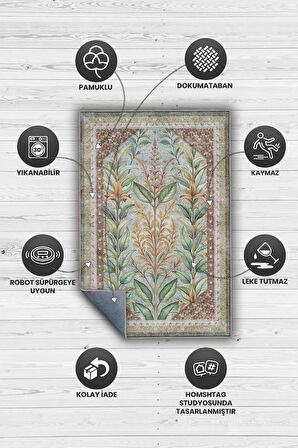 Homshtag Art Deco Ada Çayı Bitki Temalı Soft Yeşil Renkli Etnik Desenli Dijital Baskılı Çiçekli Halı