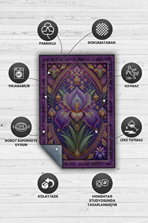 Homshtag Art Deco Süsen Çiçeği Halısı Bitki Temalı Soft Mor Renk Etnik Dijital Baskılı Çiçekli Halı