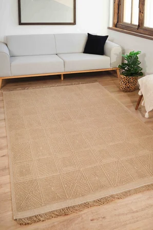 Natura 6661 %100 Doğal Jüt Kilim Bej Renkli Yumuşak Dokulu Şık Tasarımlı Kilim Modern Dokuma Kilim