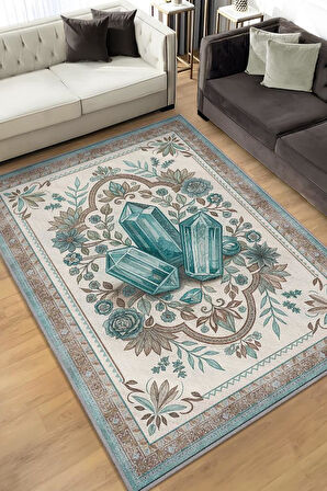 Homshtag Akuamarin Taşı Halısı Krem Mavi Aura Renkli Enerji Taşı Figürlü Halı Spiritüel Temalı Modern Halı