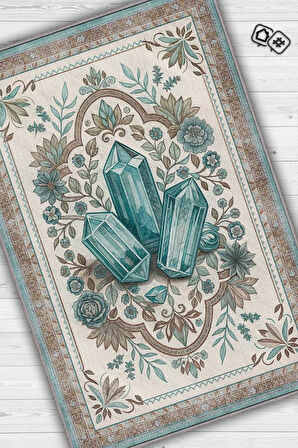 Homshtag Akuamarin Taşı Halısı Krem Mavi Aura Renkli Enerji Taşı Figürlü Halı Spiritüel Temalı Modern Halı