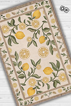 Homshtag Art Deco Limon Desenli Halı Bitki Temalı Sarı Renk Modern Limon Desenli Dijital Baskı Halı