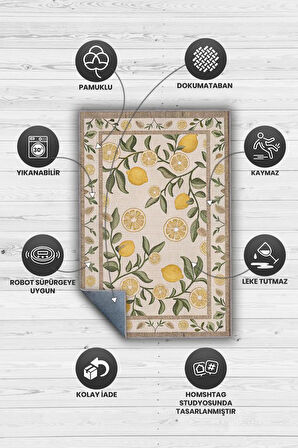Homshtag Art Deco Limon Desenli Halı Bitki Temalı Sarı Renk Modern Limon Desenli Dijital Baskı Halı